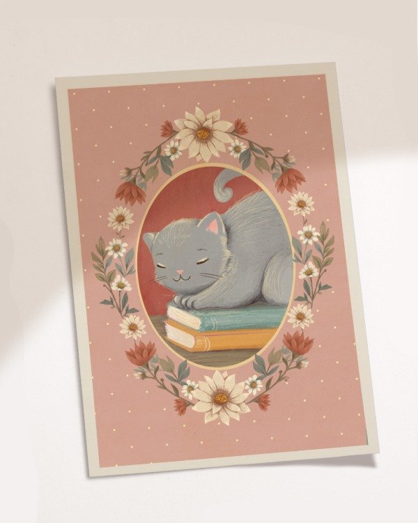 Producto - Postal "gato lector rosa"