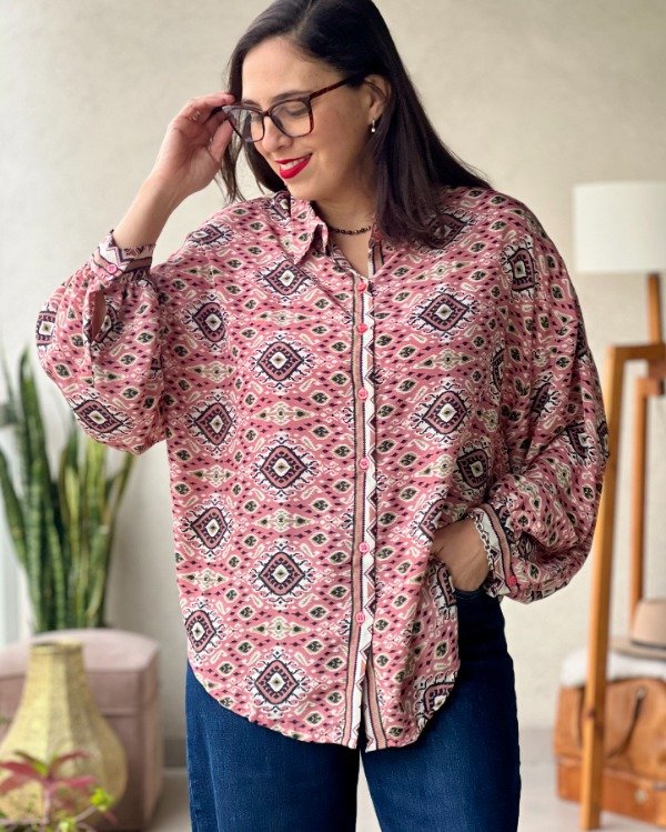 Producto - Camisa Balon de Seda Rosa y Negro L a 2XL