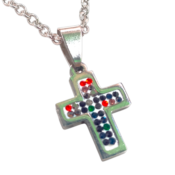 Producto - PROMO Dije Cruz Strass Color Con Cadena De Acero En Estuche (PACK X4 UNIDADES)