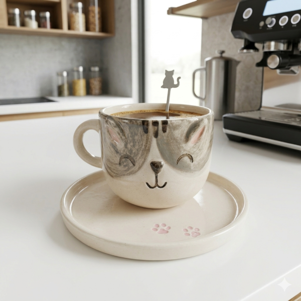 Producto - Set taza gatito + plato + cuchara