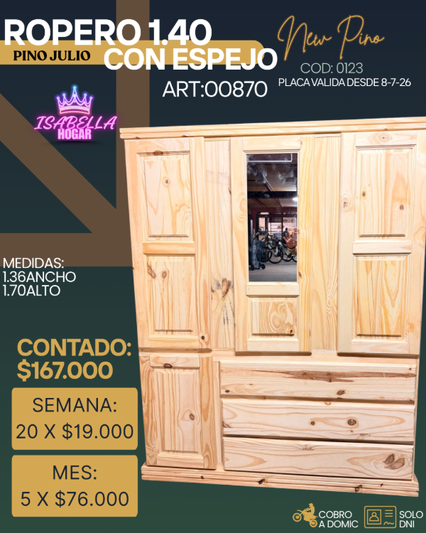 Producto - ROPERO PINO 1.40 CON ESPEJO NEW