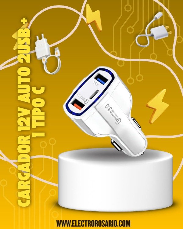 Producto - CARGADOR 12V AUTO 2USB + 1 TIPO C