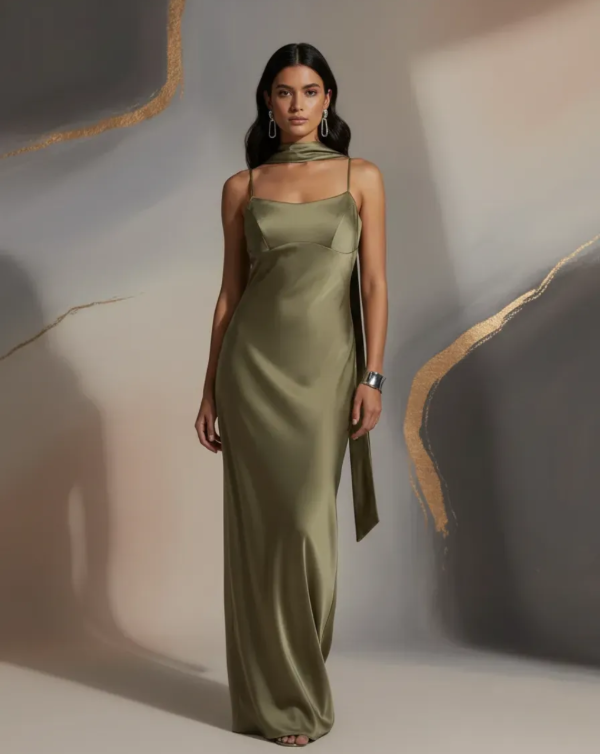 Producto - Vestido Lencero Largo Fiesta Moderno Verde Oliva