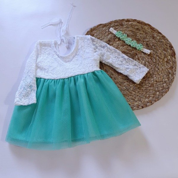 Producto - VESTIDO MARY MANGAS LARGAS BLANCO Y VERDE AGUA