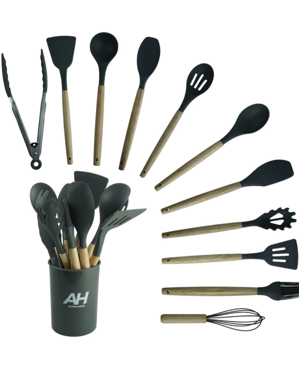 Producto - SET UTENSILLOS COCINA SILICONA MADERA 12 PIEZAS ALPINA