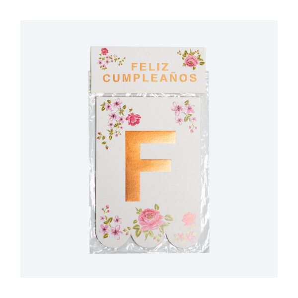Producto - Banderin FELIZ CUMPLEAÑOS tematica flores con stamping dorado