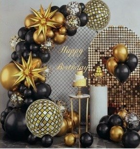 Producto - SET SUPER GUIRNALDA GLOBOS METALIZADOS HAPPY BIRTHDAY DORADO/NEGRO 103PCS