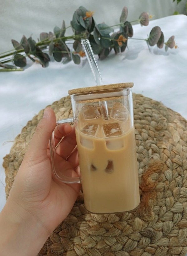 Producto - Vaso de vidrio con tapa de bamboo y manija 380ml