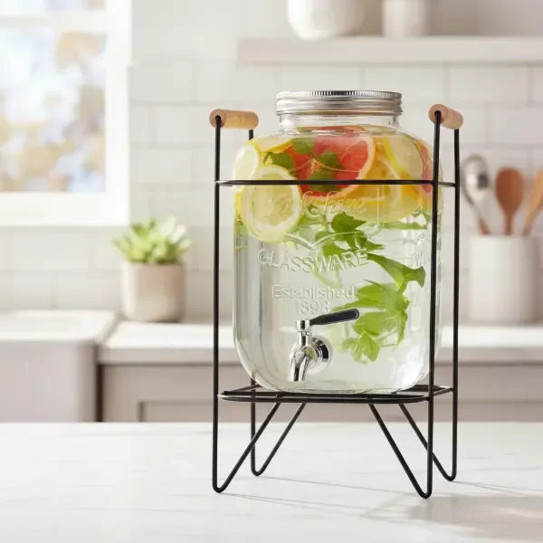 Producto - DISPENSER DE JUGO AGUA CUADRADO DE VIDRIO FRASCO CON BASE METALICA 4 LTS - 4