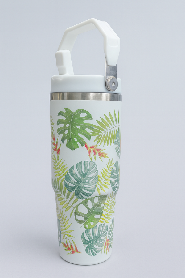 Producto - VASO ACERO INOXIDABLE CON MANIJA Y PICO MOTIVO HOJAS