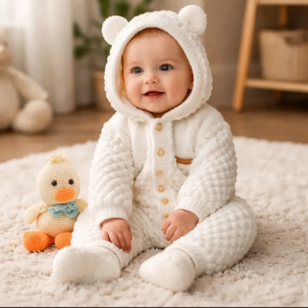 Producto - OSITO ENTERIZO Y ESCARPINES COLOR CRUDO para bebés de (3a6 meses)