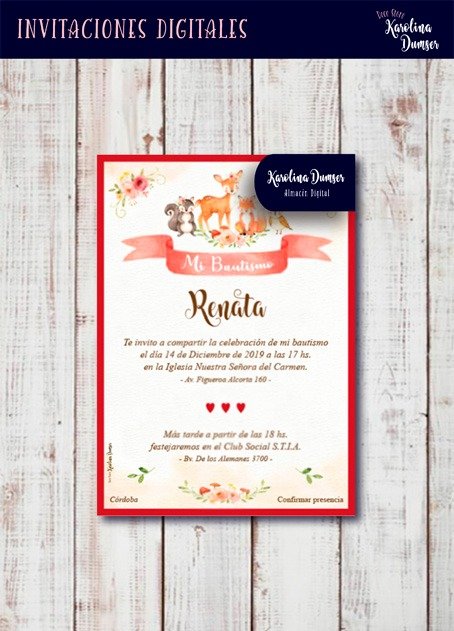 Producto - Tarjeta Digital Animalitos del Bosque Bautismo Personalizada. Diseños Varios