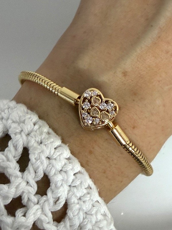 Producto - PD208 Pulsera Pandora cierre corazón con micropave y mini corazones