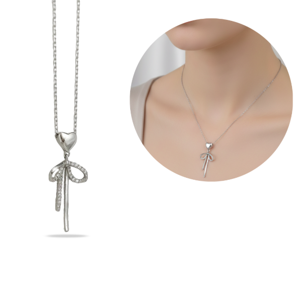 Producto - Conjunto Plata 925 Cadena y Dije Estilo Coquette Corazón y Lazo