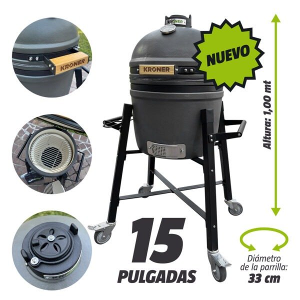 Producto - H144 Kamado Parrilla Ahumador 15 Pulgadas Cerámica c/ruedas Gris