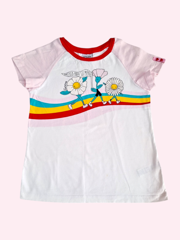Producto - Remera manga corta blanca rosa y roja con margaritas Grisino 9/10 años