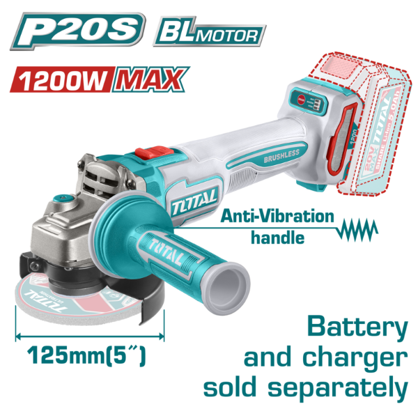 Producto - Amoladora Angular Inalámbrica TOTAL TAGLI212027 - 20V Brushless - 125 mm