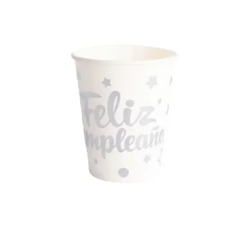 Producto - Vaso metalizado impreso FELIZ CUMPLE x10un color blanco letra plateada