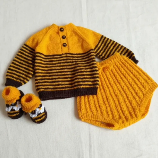 Producto - CONJUNTO ABEJITA: sueter, bombacha y escarpines para bebé de 3 a 6 mses