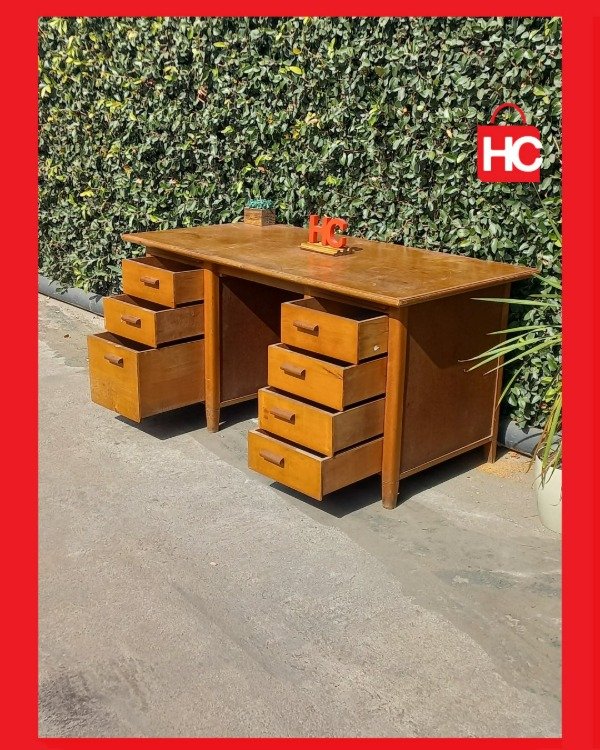 Producto - Gran escritorio de oficina vintage en madera con doble cajonera - 5