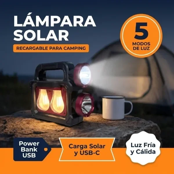 Producto - Lampara Solar Recargable Linterna Doble y Power Bank Luz Fría y Cálida - 3
