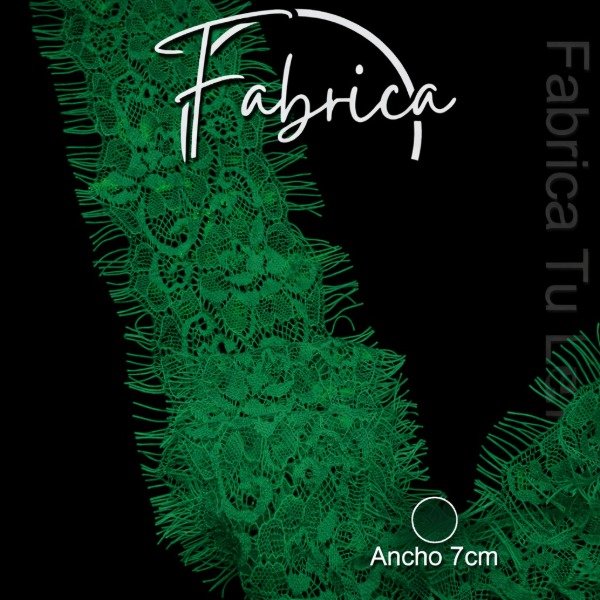 Producto - PS312 Puntilla Verde Inglés angosta rígida pelitos. Medida: 7cm (por metro)