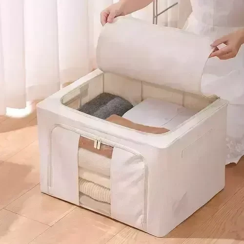 Producto - CAJA DE GUARDADO DE TELA CON CIERRE Y VISOR Y SOSTENEDORES INTERNOS