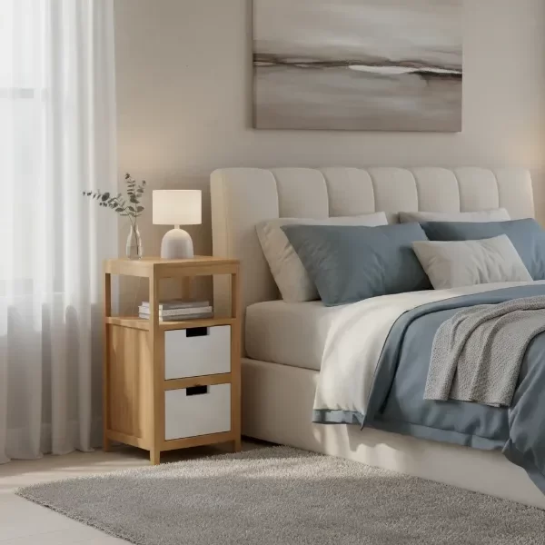 Producto - MESA DE LUZ INDUSTRIAL CHICA 30X30X60alt COLOR ROBLE CLARO CAJON BLANCO