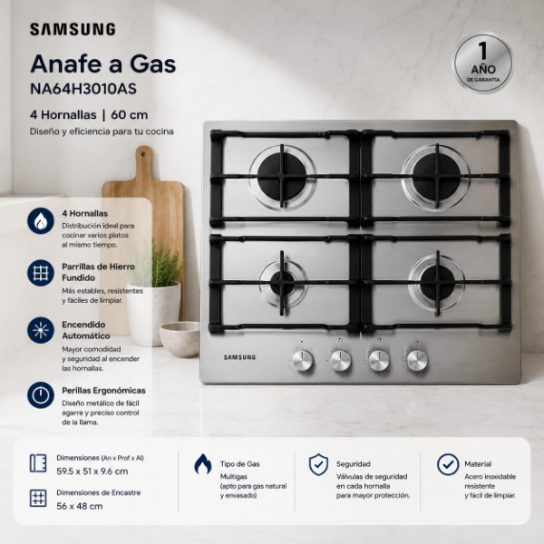 Producto - ANAFE A GAS SAMSUNG 4 HORNALLAS SILVER NA64H3O1OAS 60 CM