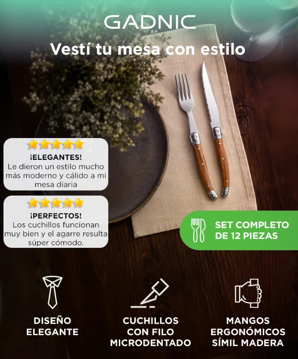 Producto - Juego de cubiertos 12 piezas -p/asado -filo microdentado -ABS símil madera + ace - 1