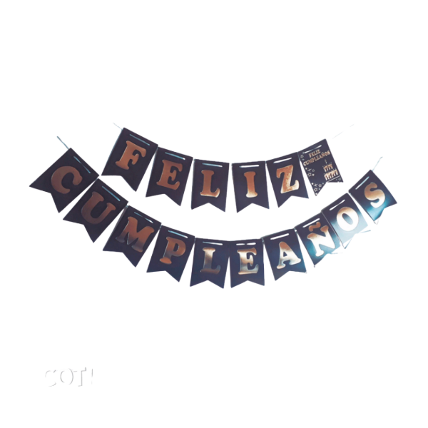 Producto - Banderin stamping letra ancha FELIZ CUMPLEAÑOS color negro letra dorada