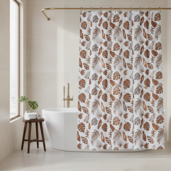 Producto - CORTINA PARA BAÑO DOBLE DISEÑO "HOJAS MONSTERAS MARRÓN" PREMIUM