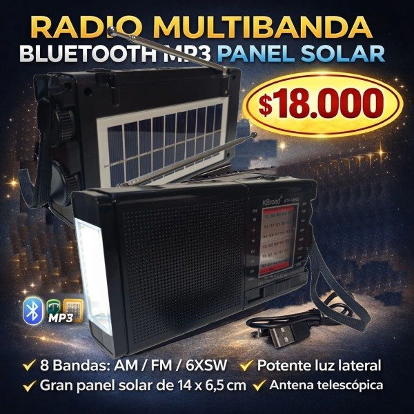 Producto - PARLANTE RADIO MULTIBANDA BLUETOOTH MP3 PANEL SOLAR RECARGABLE LUZ KTF-1489S