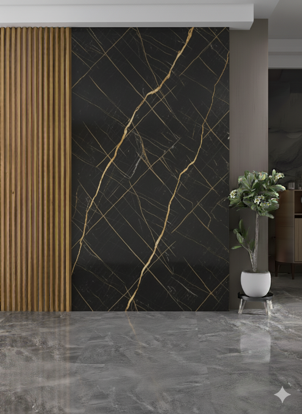 Producto - Placa decorativa PVC 3mm 244x122 diseño mármol negro con vetas doradas