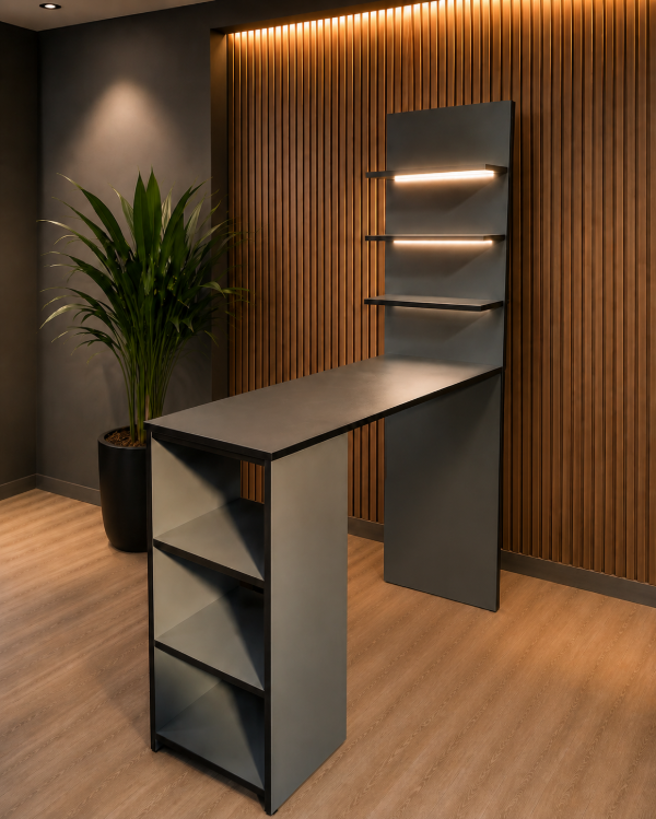 Producto - BARRA MODERNA CON ESTANTES DECORATIVOS EN MELAMINA SOBRE MDF / LUCES LED