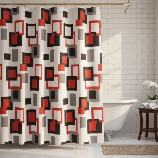 Producto - Cortina para Baño de Raso Teflonada Estampada + Ganchos "Cuadros"