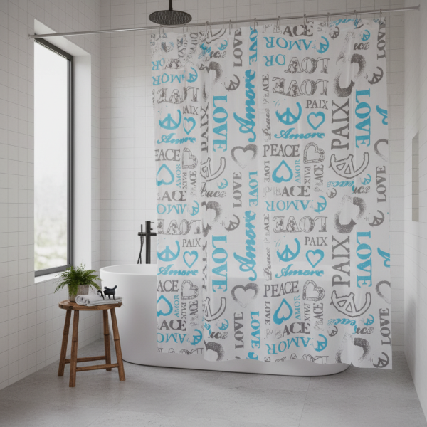 Producto - CORTINA PARA BAÑO DOBLE LÍNEA BASIC  "LOVE/PEACE CELESTE"