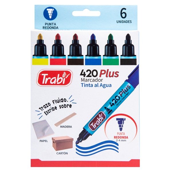 Producto - MARCADOR AL AGUA TRABI 420 PUNTA REDONDA ESTUCHE X6U COLORES CLASICOS.
