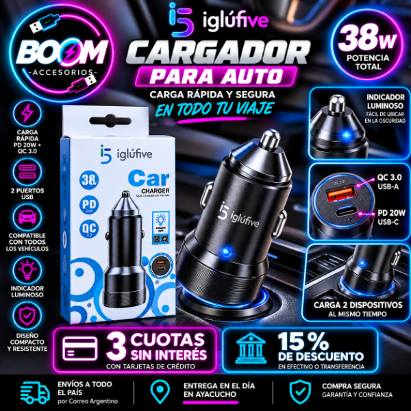 Producto - Cargador De Auto Rápido IGLUFIVE 12V USB Tipo C Negro 38W - 0