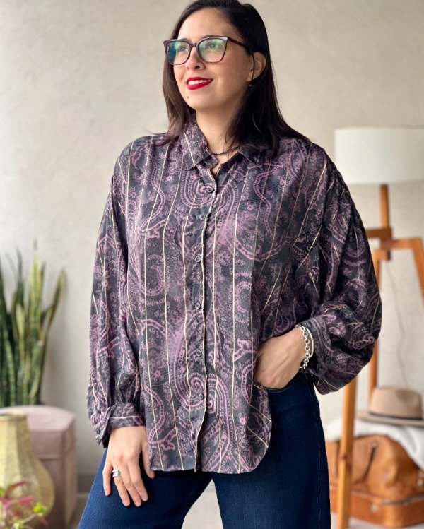 Producto - Camisa Balon de Seda Violeta y Negro L a 2XL