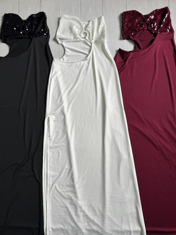 Producto - [7996] Vestido strapless largo c/aro tajo combinado lentejuelas