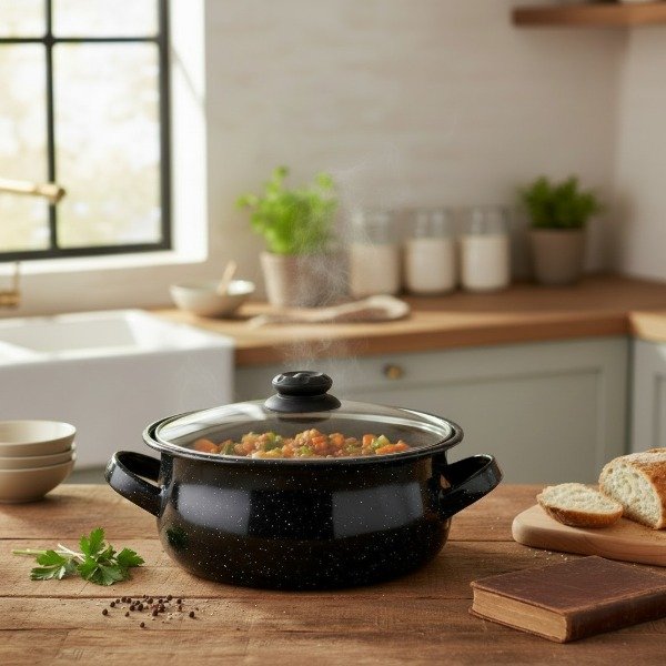 Producto - OLLA CACEROLA ENLOZADA VITRIFICADA 24CM TAPA DE VIDRIO JOVIFEL - 1