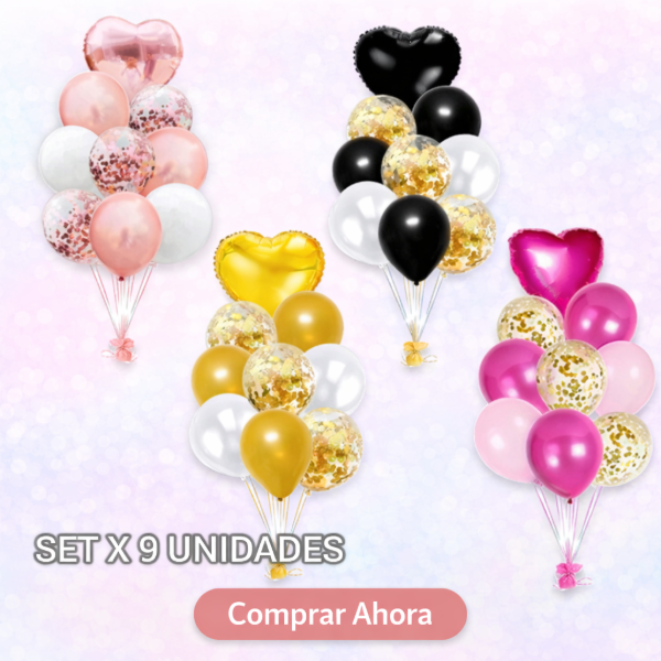 Producto - Set de globos x 9 unidades latex/confetti/metalizado CORAZÓN