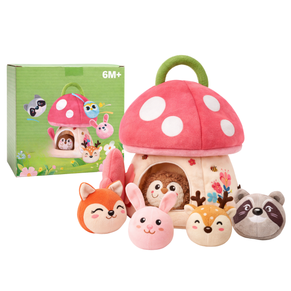 Producto - XX002 HONGUITO DE PELUCHE CON 6 ANIMALES DEL BOSQUE
