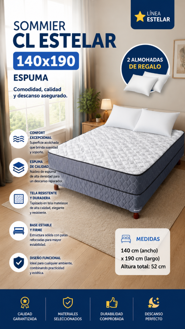 Producto - SOMMIER CL ESTELAR 140 X 190 ESPUMA + 2 ALMOHADAS