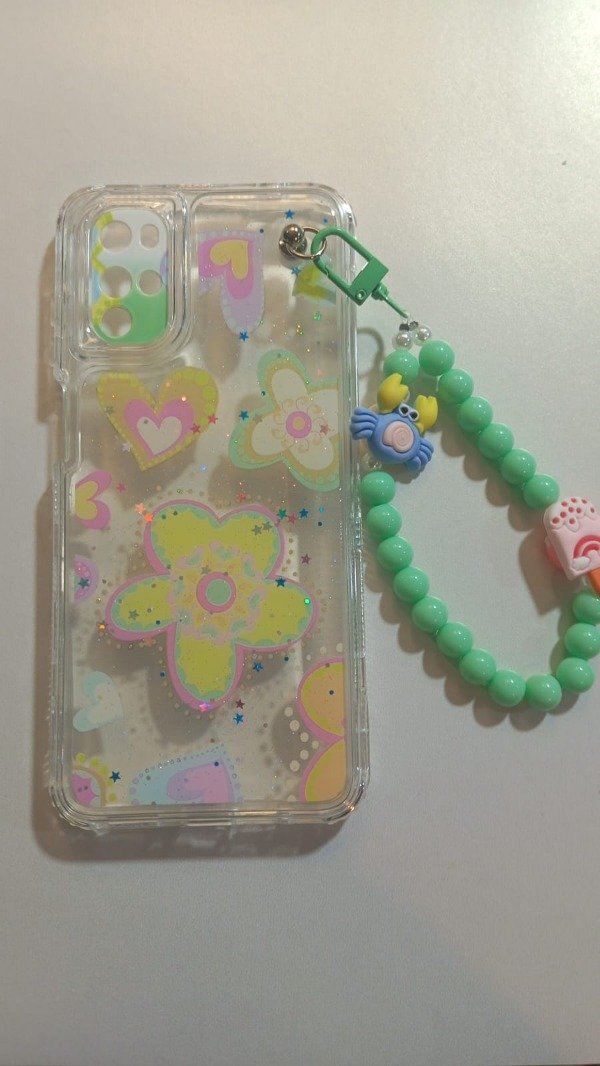 Producto - Funda Transparente Diseño Con Glitter y Cadena Flor Verde para Moto G22