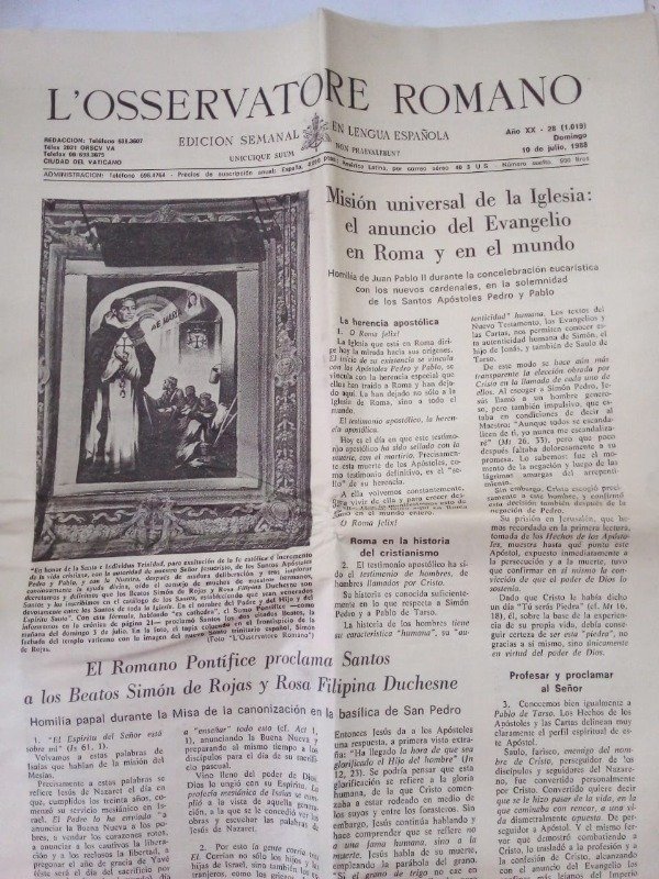 Producto - L Osservatore romano Edición española #1019 - Julio 1988