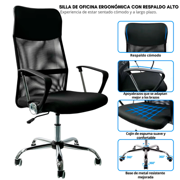 Producto - Silla oficina -apoyabrazos plásticos regulables -5 ruedas -respaldo alto - 3