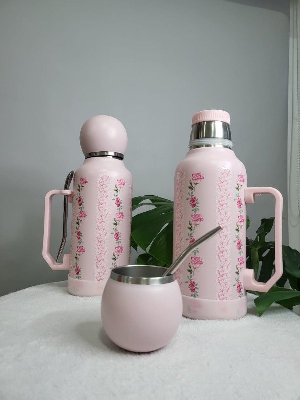 Producto - Set termo 1.3 L + mate + bombilla + base antideslizante (rosas)