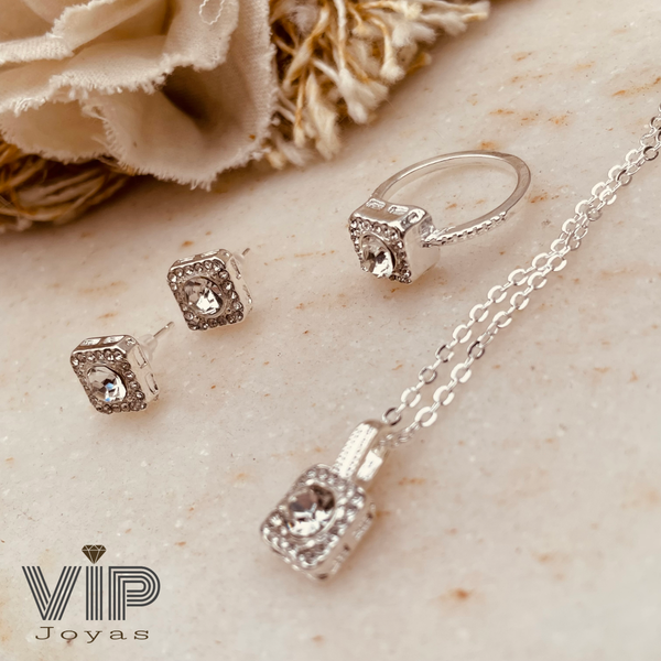Producto - Set Cadena, Dije, Aros y Anillo Cuadrado Cubics Acero Blanco